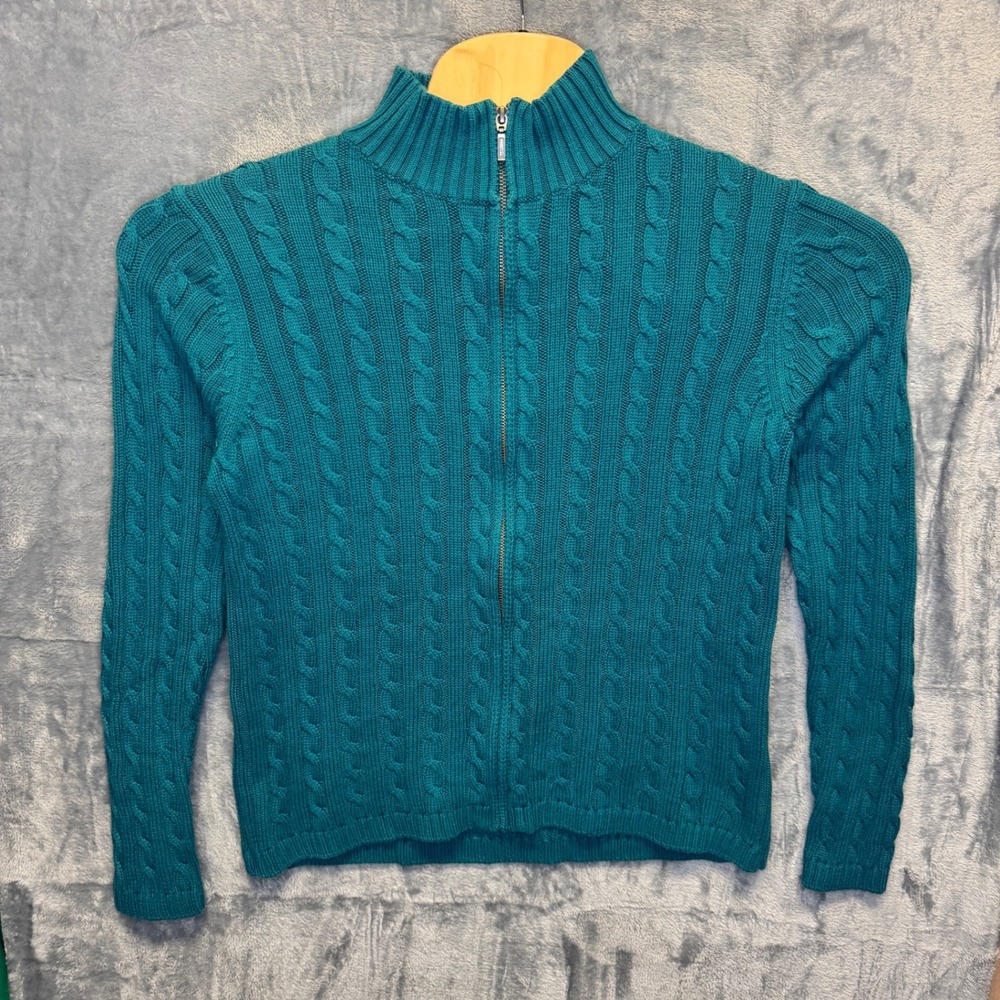 2283 | L.L.Bean Double L Cable Knit Full Zip Mock Neck Sweater Teal Women L